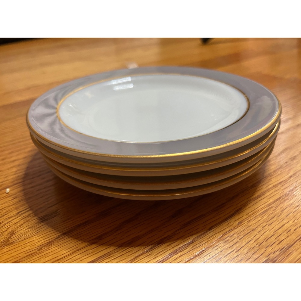 Vintage Pyrex Milk Glass Bread Plates Gray Rim Gold Trim Set of 4 Made in USA